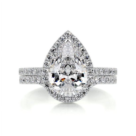 Edge Jewel 14K White Gold Plated Diamond Ring - 1.9 Ct VVS1/D Pear Cut Lab Simulated Diamond Ring - Engagement Wedding Ring - Eternity Band for Brides - Halo Wedding Ring