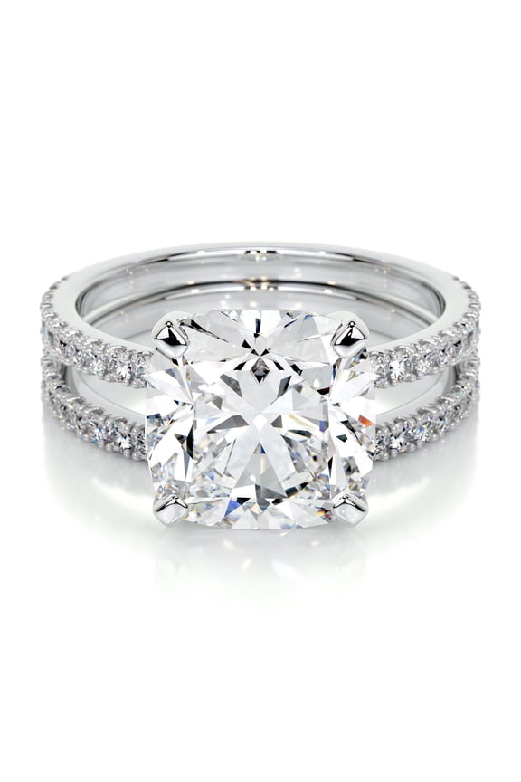 14K White Gold Plated Diamond Ring - 2.3 Ct Cushion Cut VVS1/D Lab Created Simulated Diamond - Eternity Split Shank Style - Engagement Wedding Ring for Women