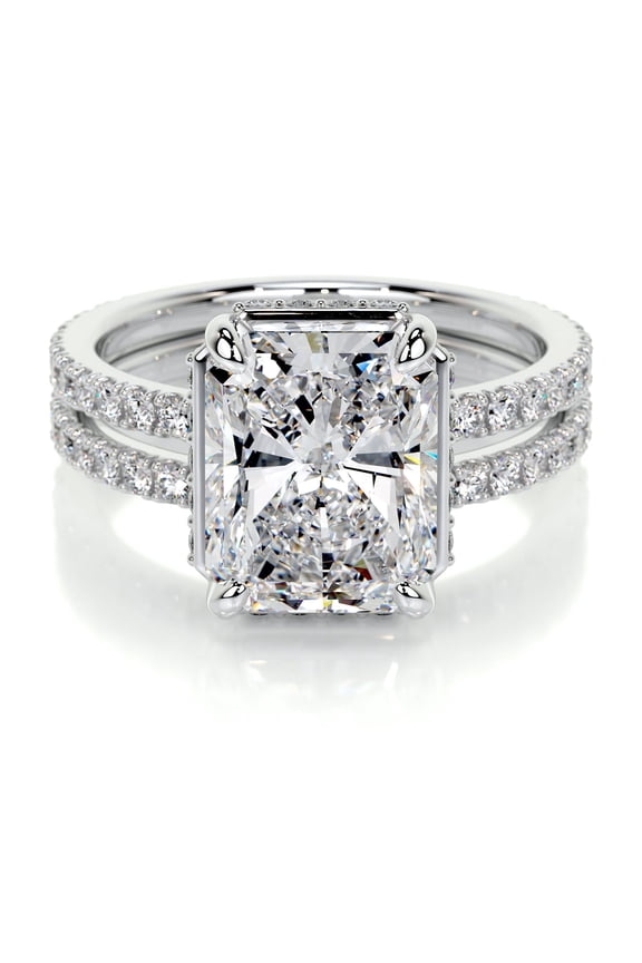 14K White Gold Plated Ring for Her - Radiant Cut 2.1 Ct Excellent Moissanite Ring for Women - Eternity Style Moissanite Ring for Her - Solitaire Ring with Accent Moissanite for Women