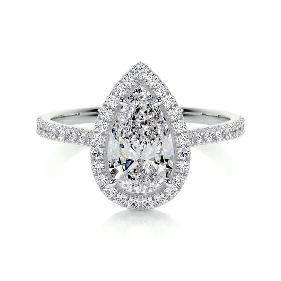 Edge Jewel 2 Ct Pear Excellent Cut Moissanite Ring for Her - 14K White Gold Plated Ring - Gift Pick for Her - Halo Engagement Ring for Her - Eternity Style Band - Wedding Jewelry Set