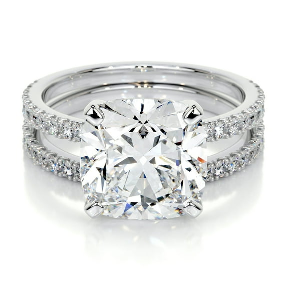 Edge Jewel Cushion Cut Twin Eternity Band Diamond Ring - 2.1 Ct Lab Created Simulated Diamond - 14K White Gold Plated with Prong Setting - Wedding Gift for Women