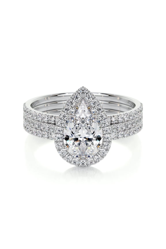 Pear Cut Halo Engagement Ring with Triple Eternity Bands - 2 Ct Moissanite in 14K White Gold Plated - Ideal Women’s Gift for Engagement Events