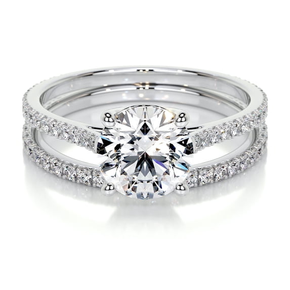 Edge Jewel Round Cut Moissanite Ring with Twin Eternity Bands – 2 Ct Moissanite – 14K White Gold Plated – Women’s Engagement Ring – Perfect Gift