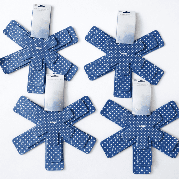 Edge Pot Protector Set 12 Pack (4 Small, 4 Medium, 4 Large) Non-Slip Pan Dividers, Soft Cookware Scratch Protection Pads, Stackable Storage (Blue Polka Dot)