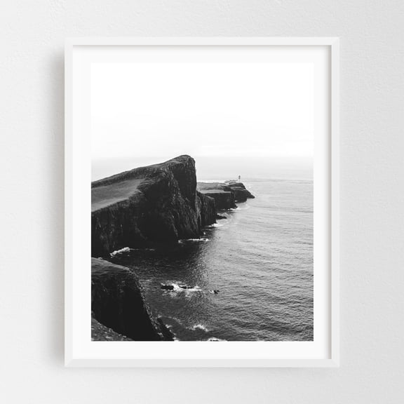 Edge of the World - Scotland United Kingdom Photography Coast Lighthouse Black and White Seascape Minimalist Ocean White Framed Wall Art Print 6 x 8 inches