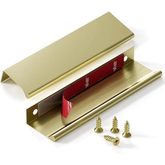 Edge finger pulls for cabinets, kitchen drawer pulls, peel-and-stick flat self-adhesive, no drilling required, 10-pack, matte brass, total length 3 inches, easy to install