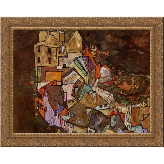 Edge of Town (Krumau Town Crescent) 24x20 Gold Ornate Wood Framed Canvas Art by Egon Schiele