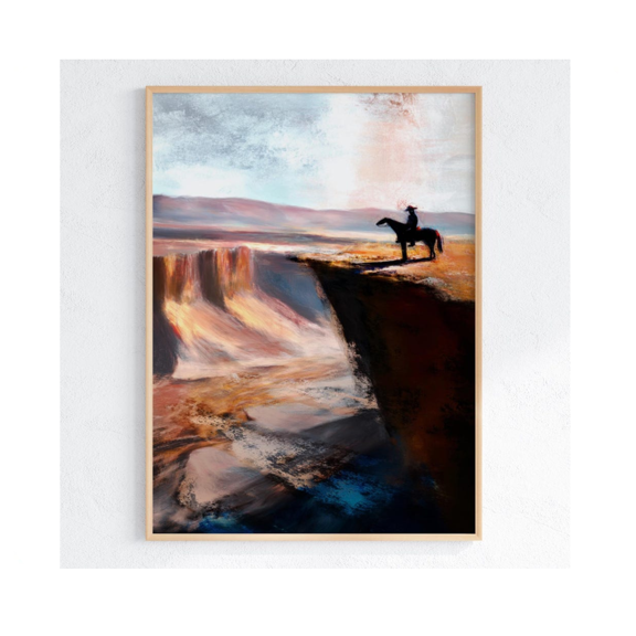 Edge of the World Cowboy Art Print Cinematic Western Wall Decor Canyon Horse Rider Painting Modern Americana Poster Epic Western Art