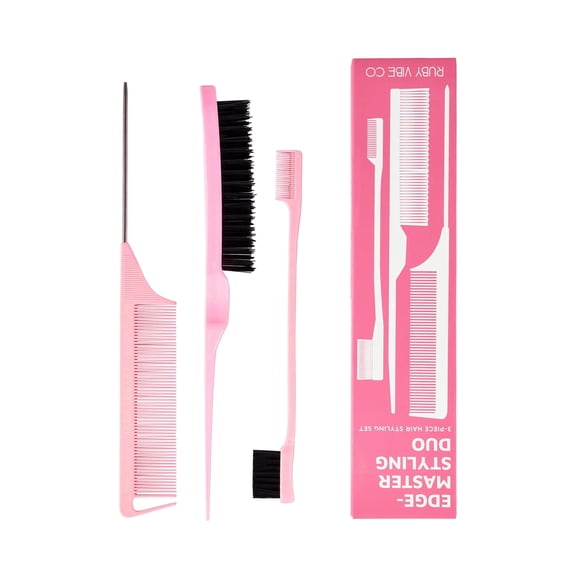 RUBY VIBE CO EdgeMaster Edge Control Brush 3-Piece Hair Styling Set with Soft Bristle Brush and Tail Comb, Pink