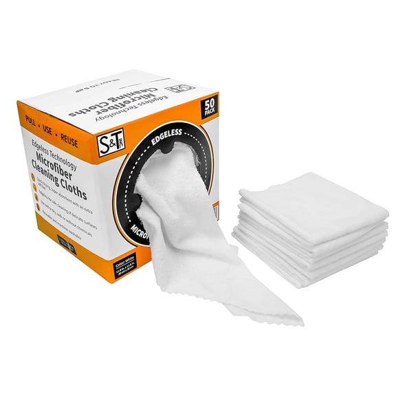S&T INC. 50 Pack Microfiber Cleaning Cloth with Box, Bulk Towels for Home, Reusable Microfiber Towels for Cars, Cleaning Rags, White, 11.8 Inches x 11.8 Inches, 50 Count
