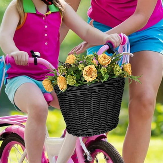 Edgergery Black Wicker Bike Basket Front Cargo for Women and Men,Front Handlebar Bike Basket,Rattan Storage Basket Waterproof, Vintage Wicker,with Leather Straps,Fits Most Bikes