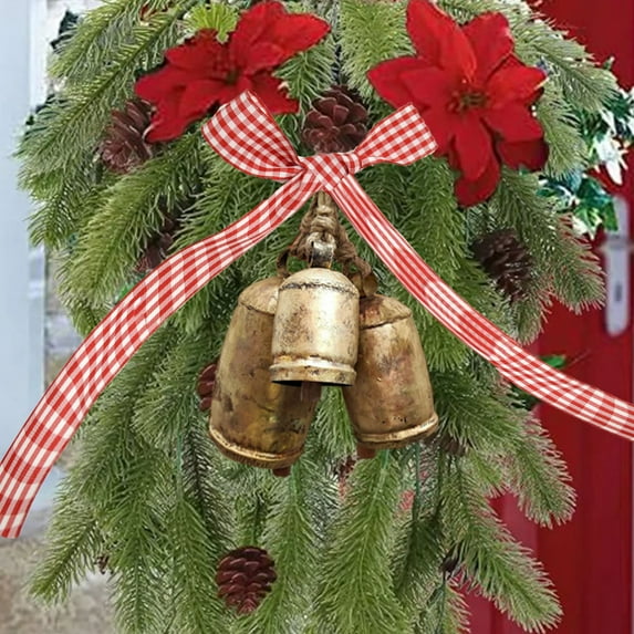 Edgergery Christmas Bells,Set Of 3 Rustic Christmas Decor Vintage Style Brass Shabby Chic Decorations,Harmony Cow Bells,Christmas Bell with Red White Bow Ornament for Xmas Tree Topper