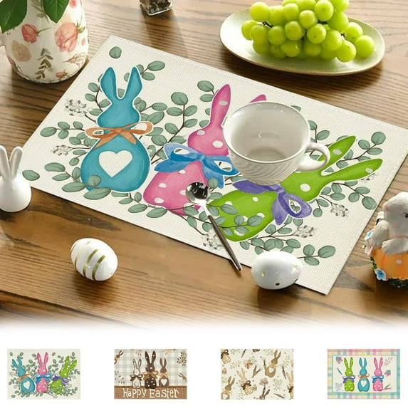 Colorful Bunny Happy Easter Placemats, 12x18 Inch Spring Table Mats for Party Kitchen Dining Decoration