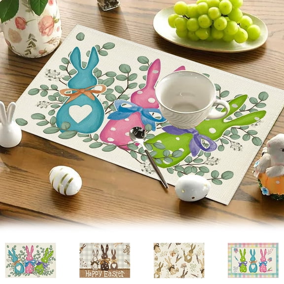 Colorful Bunny Happy Easter Placemats, 12x18 Inch Spring Table Mats for Party Kitchen Dining Decoration