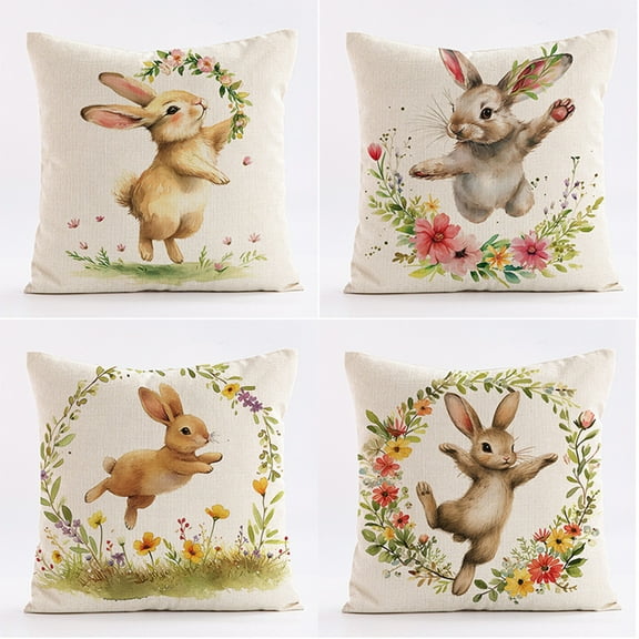Easter Pillow Cushion Cover Easter Eggs Rabbits Printed Linen Peach Fleece Pillow Cover