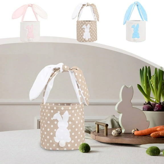 Easter Theme Bunny Basket Bags Carrying Gift and Eggs Hunt Bag, Rabbit Canvas Toys Bucket Tote