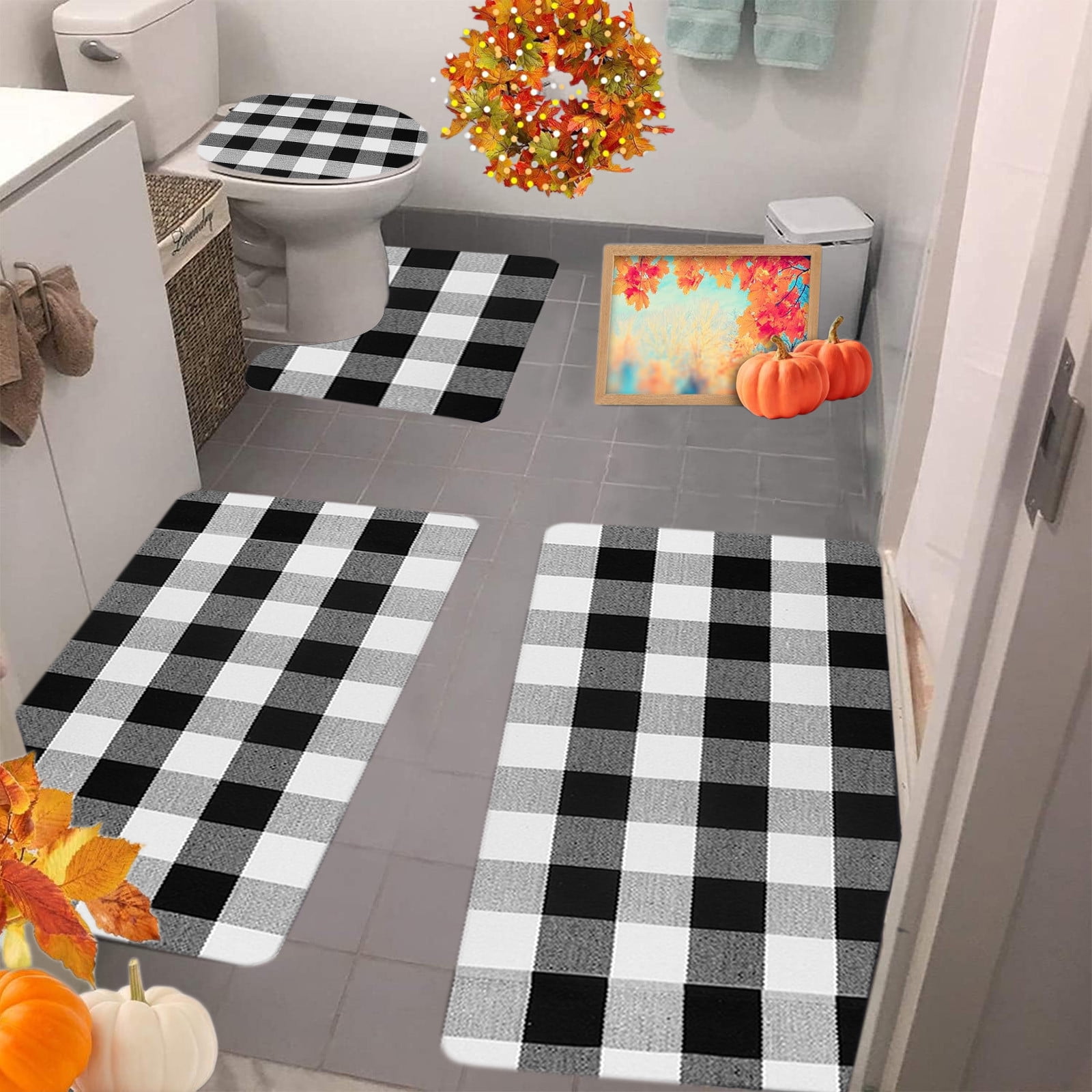 Fall Bathroom Floor Rug Set 4 Piece White and Orange Plaid,Washable ...