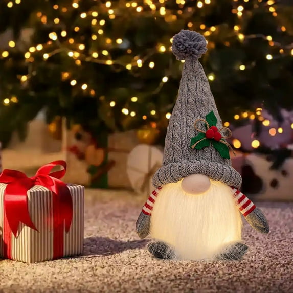 Edgergery Light Up Christmas Gnome Decoration,Handmade Santa Gnomes with Holly Berry Knitted Hat, Xmas Plush Gnome Decor with Lights,Christmas Gnome Lights for Xmas Tree Office Table