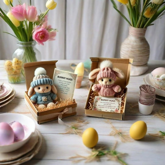Mini Cute Easter Gift Easter with Knitted Hat and Velvet Ball Soft Pocket Emotional Support with Gift Box and Card