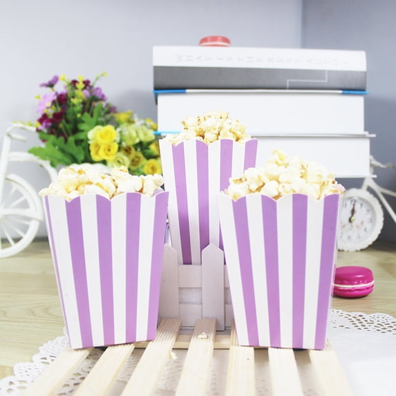 Edgergery Novelty Place,12 Pcs Classic Popcorn Boxes,Popcorn Boxes,Purple & White Striped Cardboard Paper Popcorn Container for Family Movie Night Party,4.7 inch Tall x 2.9 Inch Square