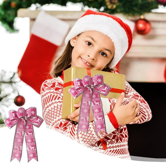 Pink Christmas Bow,Long Pre-Tied Bow,White Print on Burlap, Nordic Pattern, Door Decoration, Swag, Wreath, Garland, Christmas Tree Ribbon, Winter Decor, Front Door Decor