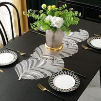 Silver Table Runners 36 Inches Heat Resistant Table Runner Hollow Leaf Shaped Vinyl Table Runner Waterproof Washable Table Mats Table Runner for Party,Wedding Decorations