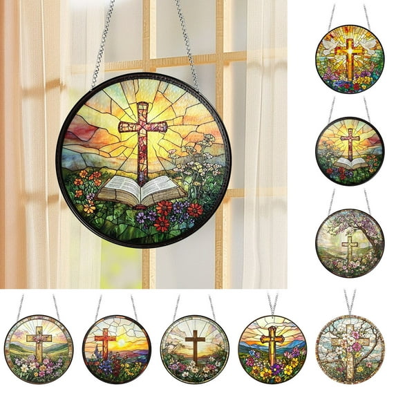 Stained Glass Cross Window Hanging, 5.9''/15CM Suncatchers for Window Diamond Textured Glass Cross Decorative Hanging Ornaments Stained Glass for Easter Chirstmas Window Home Decor