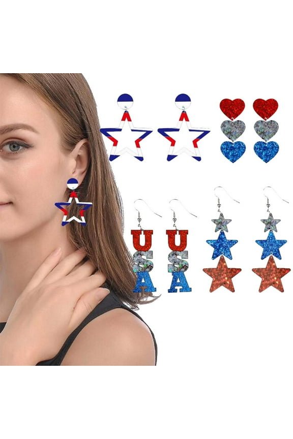 USA Flag Style Red White and Blue Earrings for Women, 4th of July Dangle Earrings