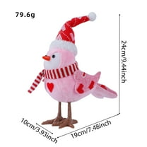 Valentine's Day Pink Glow Birds Decorations,Lighted Fabric Birds Figurine with Hats Love Heart Printed Pattern Standing Bird Plush Doll for Home Table Tray