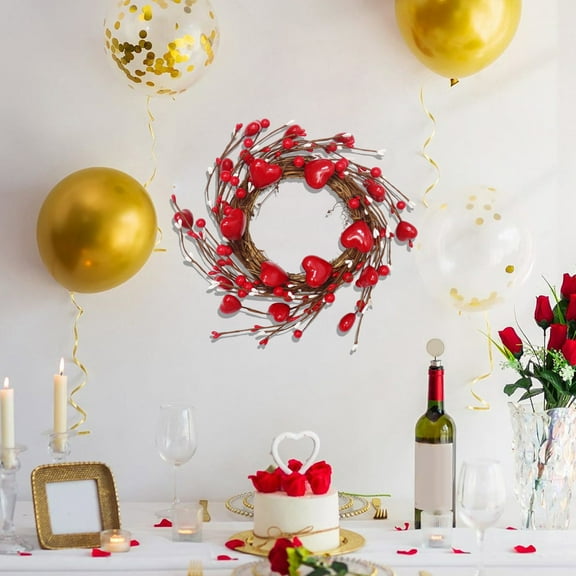 Valentine's Day Red Heart Wreath for Front Door,12 Inches Valentine Red Heart Shaped Berry Wreath,Red Round Wreath for Wedding Home Decor,Farmhouse Valentines Day Spring Wreath