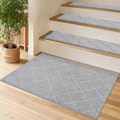 Edging Stair Treads Non-Slip Corner Indoor Stair Runners for Wooden Steps,Landing Slip Resistant Stair Rugs for Kids and Dogs, 100% Polyester TPE Backing,Grey,20"X32"