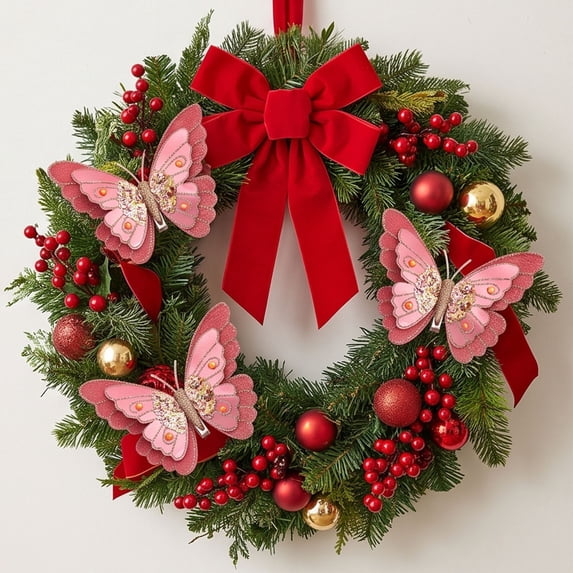 Edgtyos 3Pcs Glitter Big Butterfly Christmas Ornament, Pink Glossy Artificial Butterfly Xmas Tree Decoration with Clip for Festive Wedding Home Holiday Decor