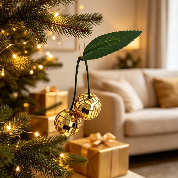Edgtyos Cherry Shaped Christmas Hanging Ornaments, 4.72"x1.19" Gold Mirror Effect Cherry Shaped with Faux Green Leaf for Christmas Tree and Table Decor