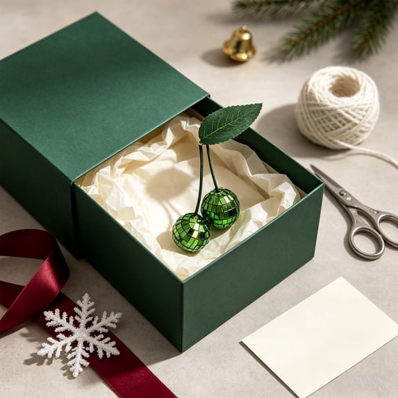 Edgtyos Cherry Shaped Christmas Hanging Ornaments, 4.72"x1.20" Green Mirror Effect Cherry Shaped with Faux Green Leaf for Christmas Tree and Table Decor