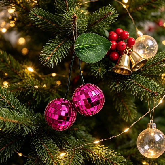 Edgtyos Cherry Shaped Christmas Hanging Ornaments, 4.72"x1.21" Hot Pink Mirror Effect Cherry Shaped with Faux Green Leaf for Christmas Tree and Table Decor