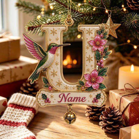 Edgtyos Christmas Alphabets Shape Pendant, 2D Acrylic Hummingbird and Pink Flower Berry design with Bell, Personalized Holiday Gift for Home and Party "U"