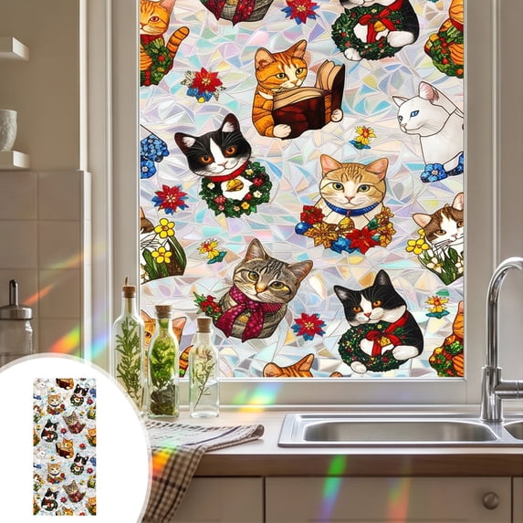 Edgtyos Cute Cats Christmas Window Privacy Film, Retro Stained Glass ...