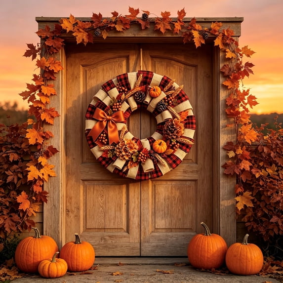 Edgtyos Fall Thanksgiving Wall Wreath, Flat Printed Wooden Harvest Wreath with Maple Leaf Pumpkin for Front Door Porch Yard Thanksgiving Decor
