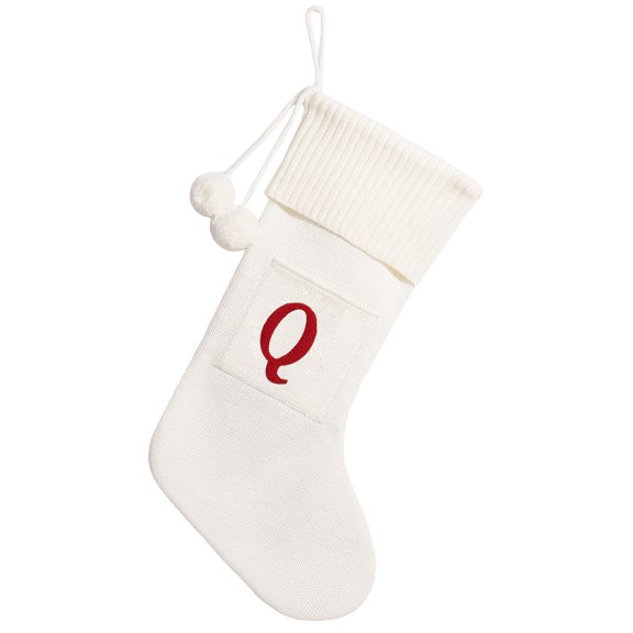 Edgtyos Large Christmas Letter Stocking, White Knit Stocking with Pom Pom Tassel, Xmas Alphabet Sock for Fireplace Mantel Tree Wall Stair Railing Decor "Q"
