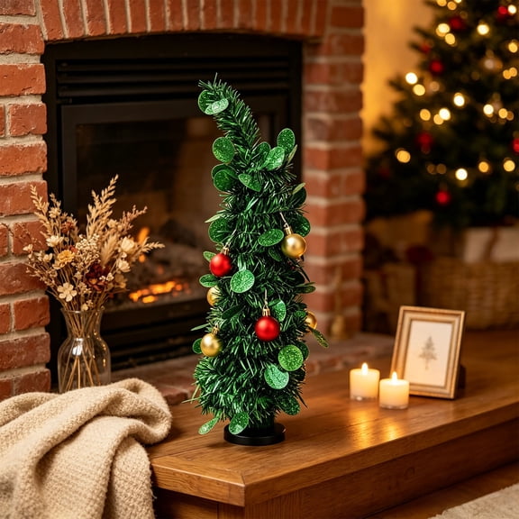 Edgtyos Mini Tinsel Christmas Tree, Artificial Xmas Tree with Shiny Reflective Foil Fringe Leaves and Base, Small Desktop Decor for Home Office