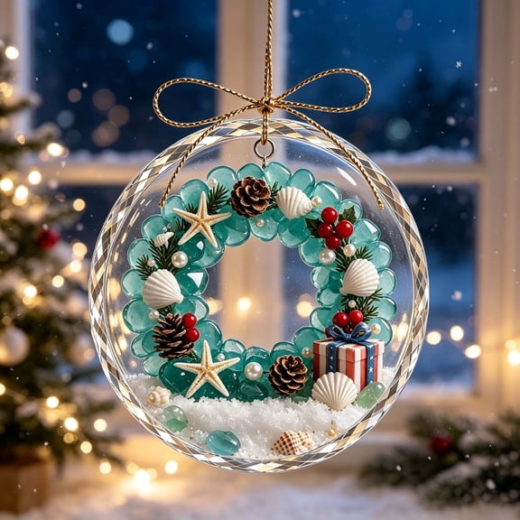 Edgtyos Sea Glass Xmas Wreath Hanging Sign with Wing, Shell Pinecone Christmas Beach Theme Clear Hanging Keepsake for Ocean Lovers & Nature Lovers