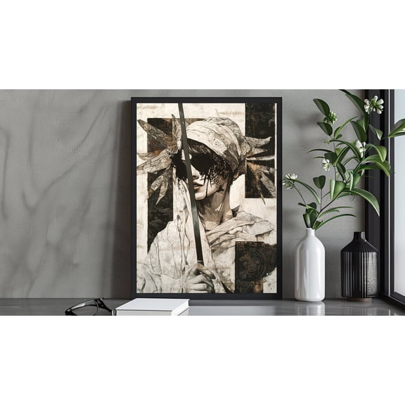Edgy Abstract Samurai Girl Art Print, Modern Warrior With Sword, Black And White Portrait, Contemporary Wall Art Wall Art, Modern Wall Decor, 16x24 UNFRAMED