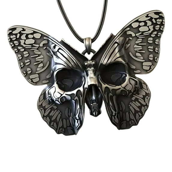 Edgy Alloy Pendant Necklace Showcasing Gothic Skull Butterfly Charm Neckchain For Layering Outfits