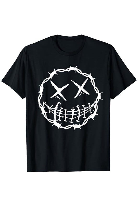 Edgy Barbed Wire Smiley Face Graphic Tee - Grunge Stitched Mouth Punk Rock Streetwear T-Shirt for Men and Women - Retro Gothic Aesthetic Top