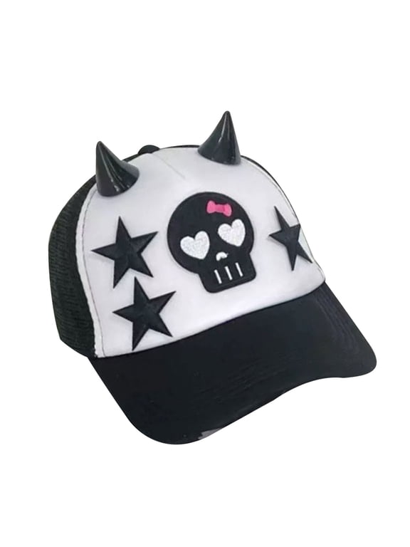 Edgy Baseball Caps Cotton Skull Devil Horns Mesh Ventilation Back Adjustable Fit Breathable Hat For Casual Wear
