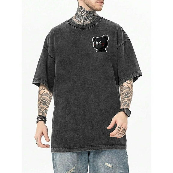 Edgy Bear Graphic Tee Top Street Style Design Fashion Casual Short Sleeve Cotton Shirt Black S-2XL Plus Size