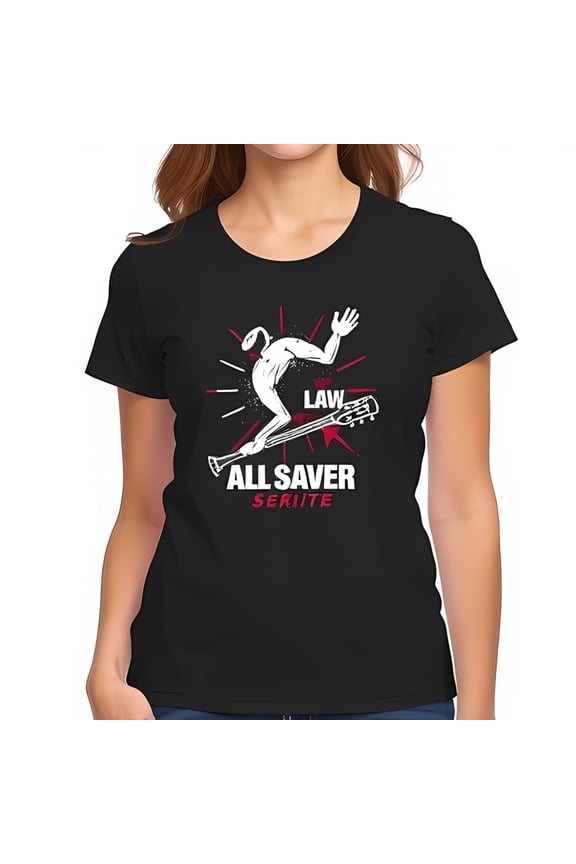 Edgy Black Cotton Short Sleeve T-Shirt with Headless Figure Leaping Over Guitar & 'LAW' Graphic Design