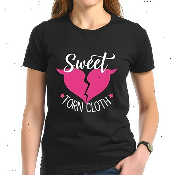 Edgy Black Cotton Short Sleeve T-Shirt with Hot Pink Heart & Horns - " Sweet Torn Cloth " Graphic Design