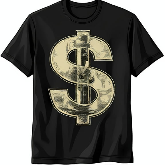 Edgy Black T-Shirt with Bold Sign Graphic Made of Money