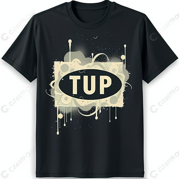 Edgy Black T-Shirt with Bold White 'TUP' Graphic and Abstract Design